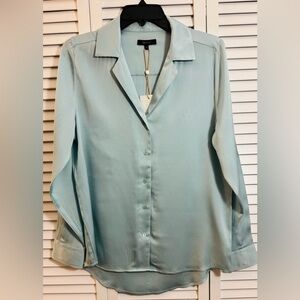 NWT QUINCE Washable Stretch Silk Notch Collar Blouse Womens Medium Mint  Shirt